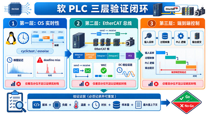 软 PLC 的 OS 实时性、EtherCAT 总线和端到端控制三层验证闭环